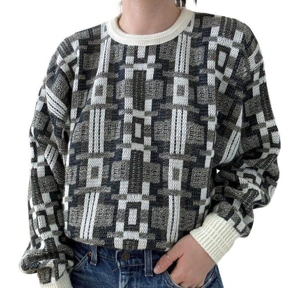 Vintage 1990s Mens Jantzen Oversized Geometric Preppy Crewneck Sweater Sz L - Picture 1 of 7